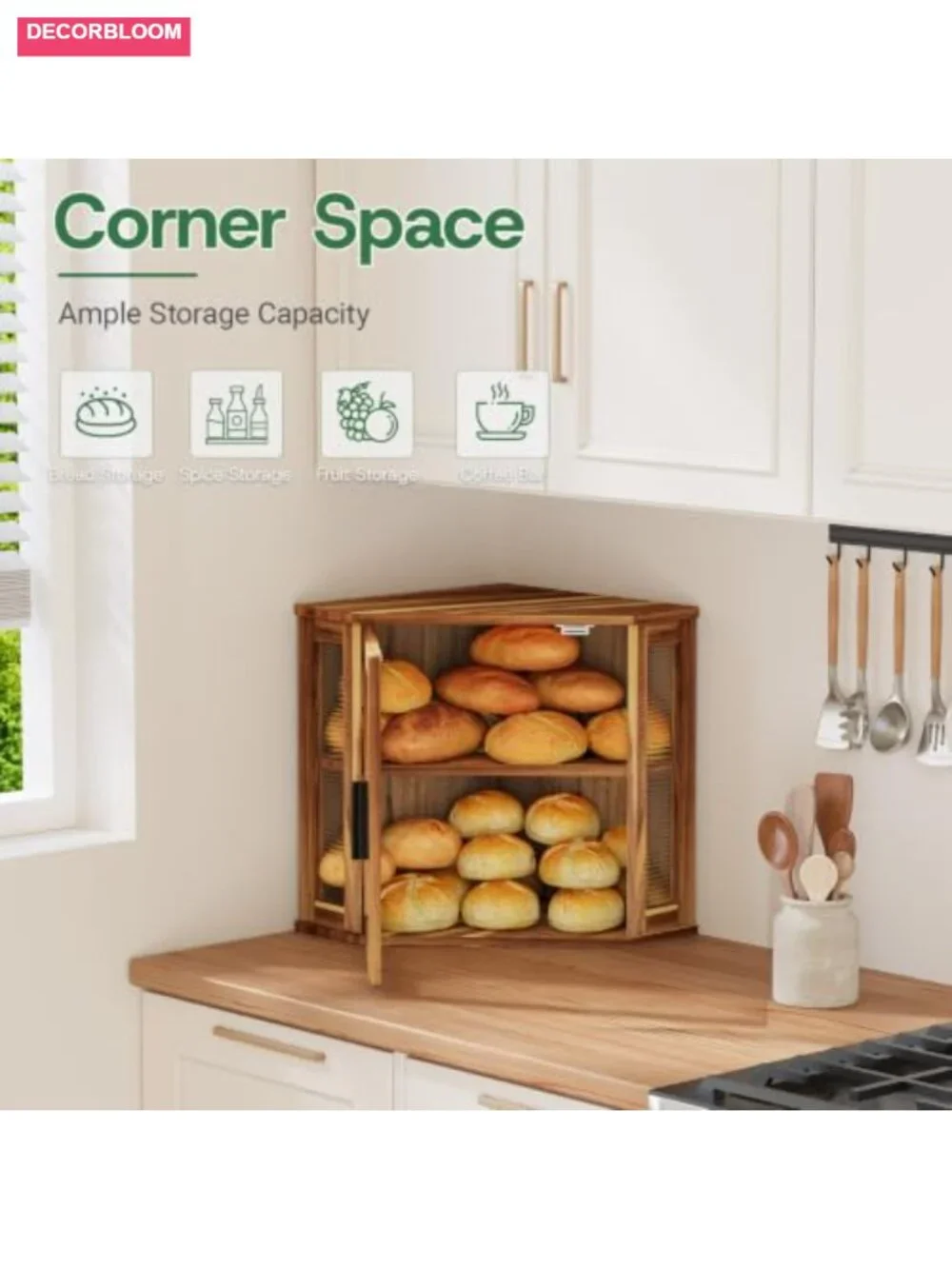 Acacia Wood Corner Bread Box Double Layer Magnetic Acrylic Window Kitchen